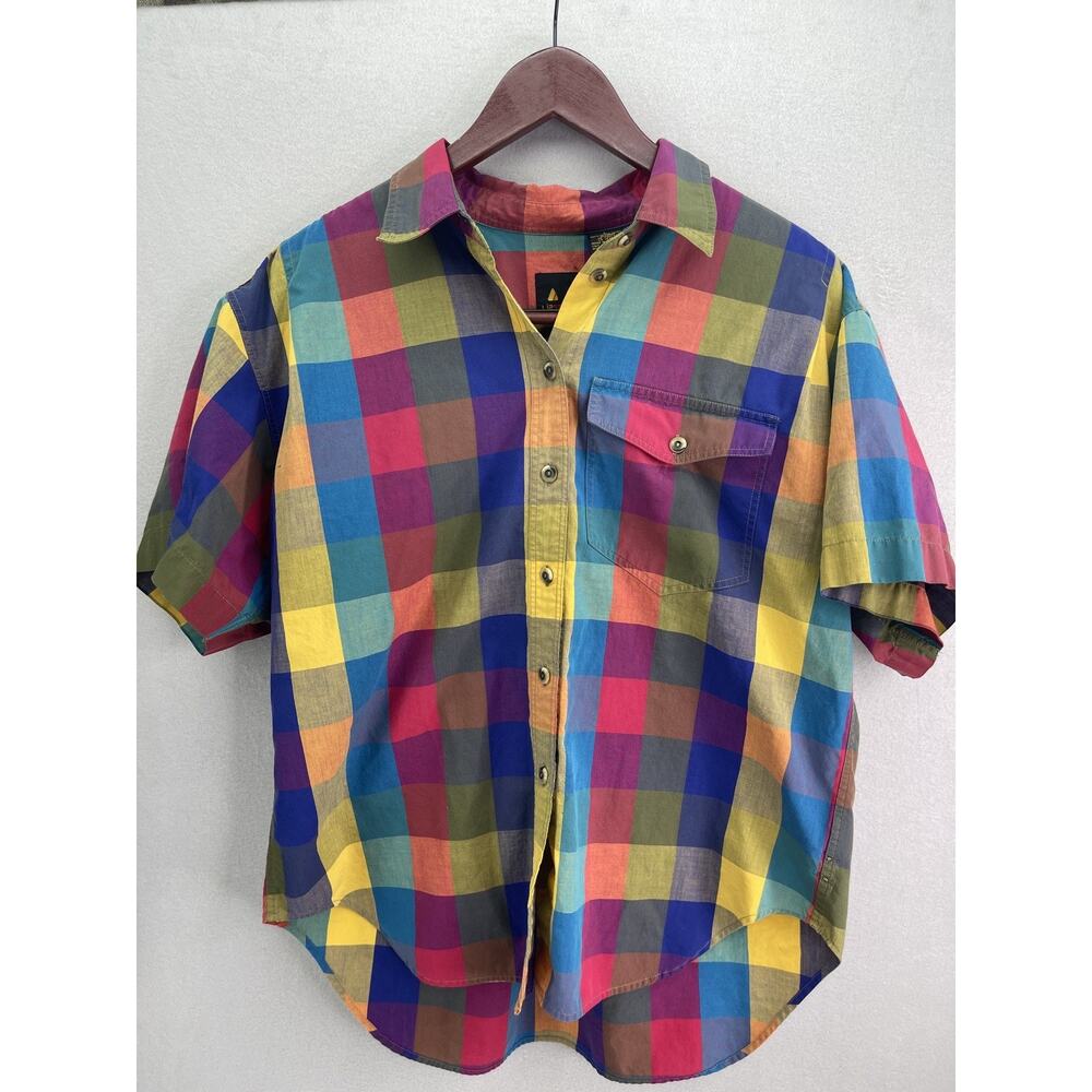 Retro 90s LizSport Rainbow Plaid Short Sleeve Shirt Bright Color Block Large